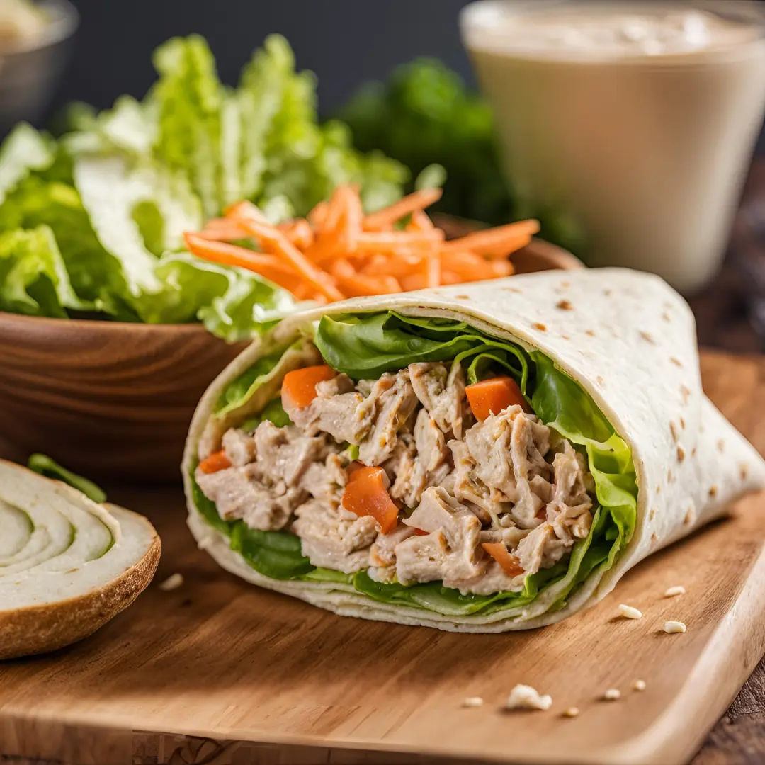 Delicious tuna salad wrap filled with fresh vegetables, served on a rustic wooden table.