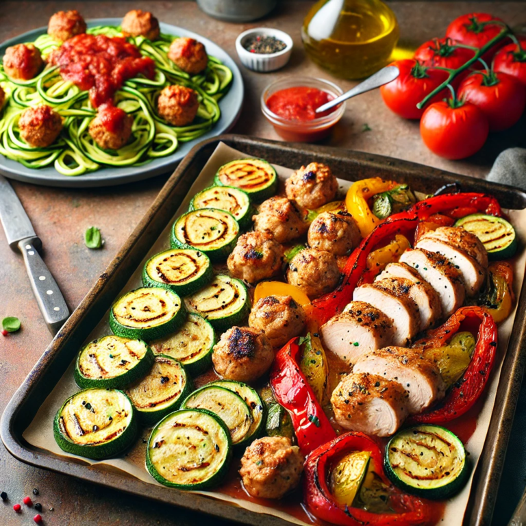 One-pan chicken and veggies meal prep with zucchini and red bell peppers