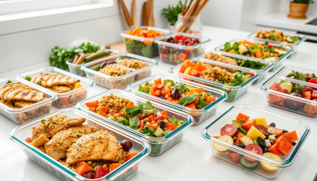 An assortment of meal prep ideas including overnight oats, quinoa salad, and chickpea salad sandwiches.