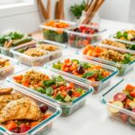 An assortment of meal prep ideas including overnight oats, quinoa salad, and chickpea salad sandwiches.