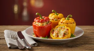 Close-up of colorful roasted stuffed bell peppers filled with rice, vegetables, and melted cheese, garnished with fresh parsley.