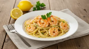 Plate of Lemon Garlic Shrimp Pasta garnished with parsley, lemon zest, and served with a wedge of lemon on a rustic wooden table.