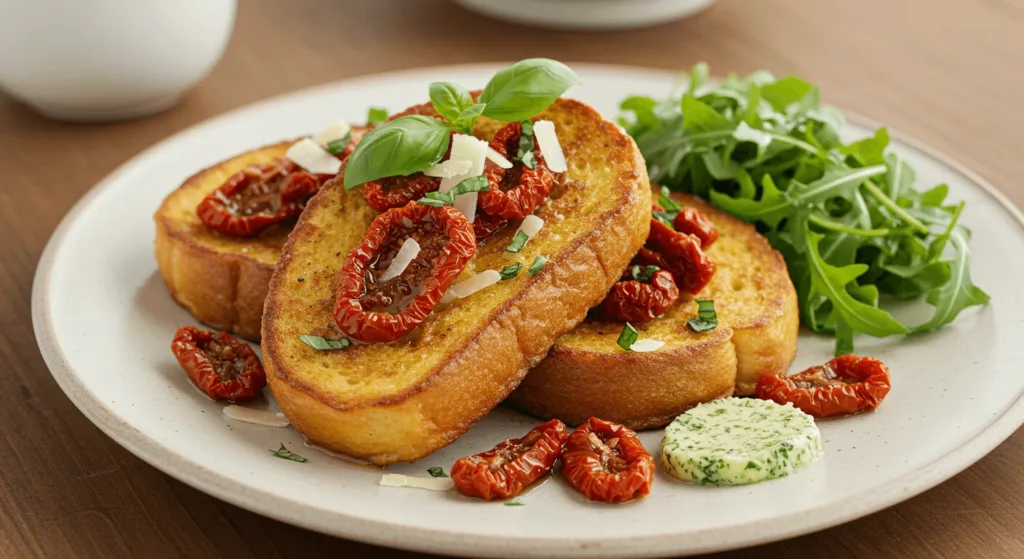 Golden-brown French toast topped with sun-dried tomatoes, fresh basil, and grated Parmesan, served with a side salad on a rustic plate