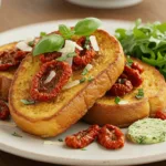 Golden-brown French toast topped with sun-dried tomatoes, fresh basil, and grated Parmesan, served with a side salad on a rustic plate