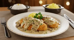 A plate of creamy mushroom and chicken garnished with parsley, served with garlic rice and mashed potatoes on a rustic wooden table.